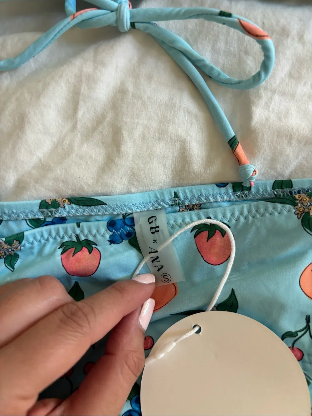 Grey Bandit x Ana two piece swimsuit in blue fruit